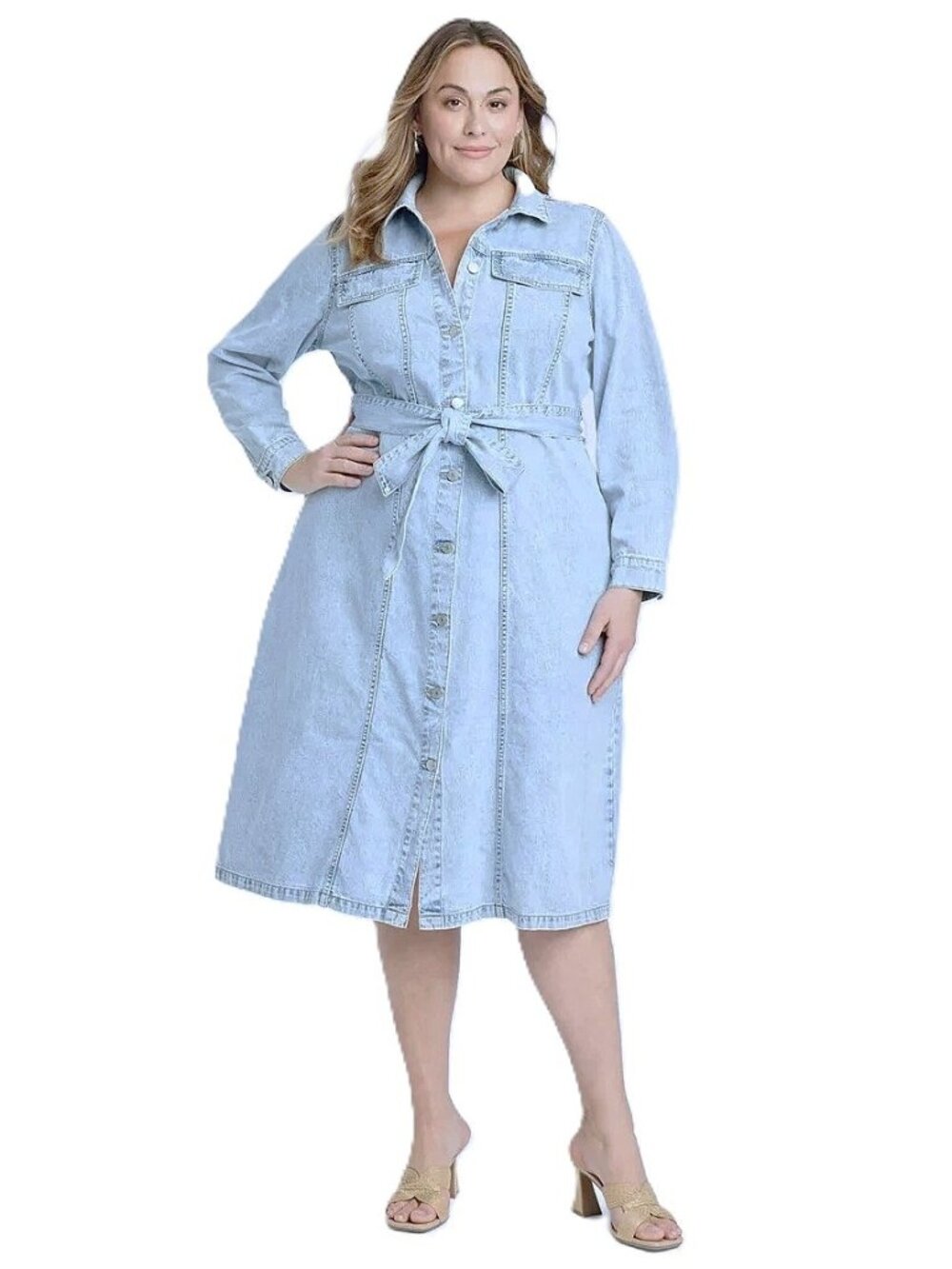 AVA & VIV Long Sleeve Denim Midi Shirtdress. Plus Size 3X
